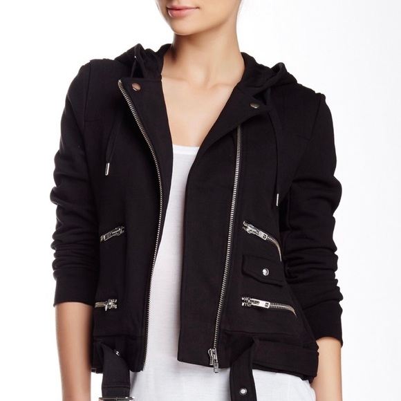 The Kooples Jackets & Blazers - The Kooples Hooded Zip Black Moto Jacket